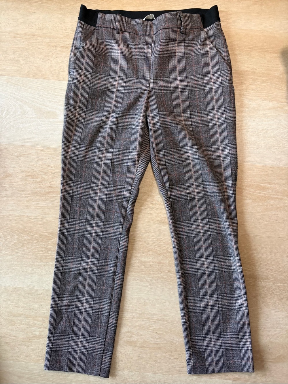 H&M Brown Beige Plaid Ankle Trousers Elastic Waist Size 6
